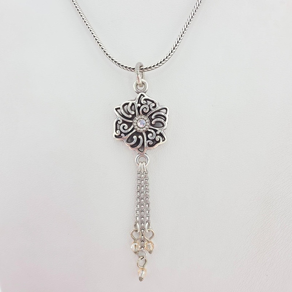 BRIGHTON 'Shadow Garden' Necklace Tassel Flower Crystal Dangle Silver Plate 18"